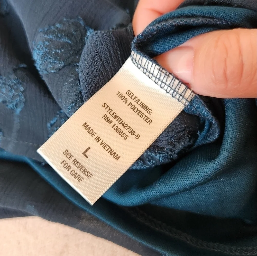 Beacon Apparel Jacquered A-Line Short Puff Sleeve Top Size L Teal Blue/G… - Picture 5 of 11
